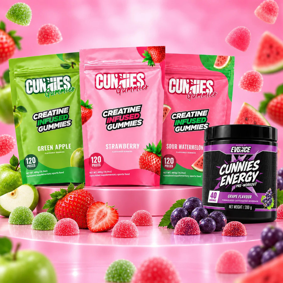 Three bags of Cunnies creatine gummies, Green Apple, Strawberry and Sour Watermelon, with a Grape pre-workout tub